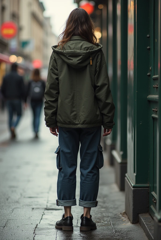 Back view of a woman urinating on the street