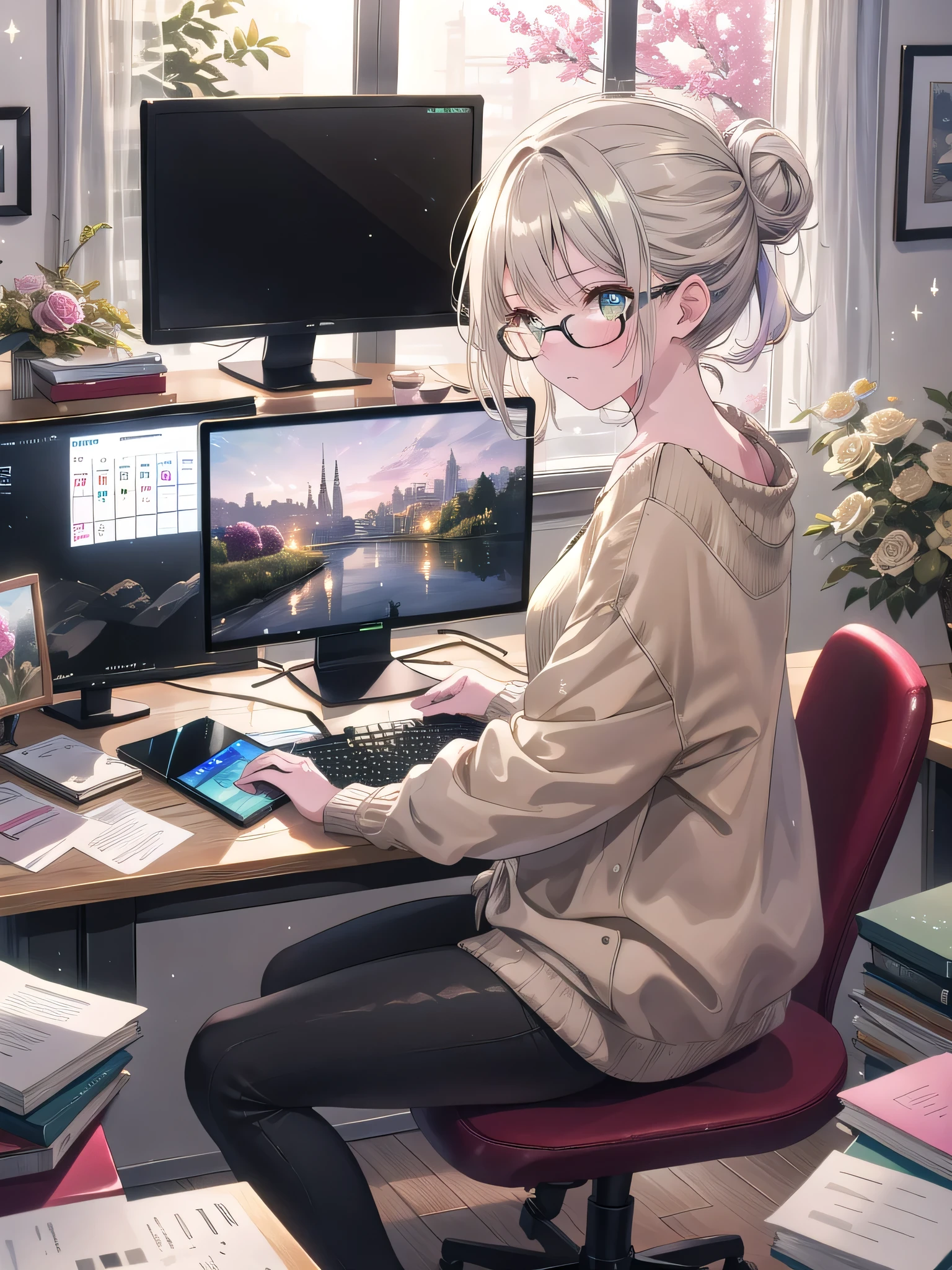 ((8k, Highest quality, masterpiece: 1.3)),Ultra-high resolution,(1 girl, alone), (Color changing eyes, Ultra-detailed, Expressive brilliance, Glitter, Glowing Eyes), Highly detailed eyes, Highly detailed face, Random Hair, ((pastel colour))The woman is seated at a large desk in her spacious home office, surrounded by paperwork and gadgets. The room is decorated with light-colored walls, a large abstract painting, and a window that offers a view of a garden with blooming flowers. Her desk is cluttered but organized, with a desktop computer, a stack of files, a coffee cup, and a desk lamp. There’s also a calendar, a family photo, and a few sticky notes on the monitor. She’s wearing a casual olive green sweater, black leggings, and comfortable slippers. Her hair is tied back in a messy bun, and she’s wearing reading glasses. She looks at the camera with a slightly frazzled but determined expression, capturing the essence of a busy work-from-home day.