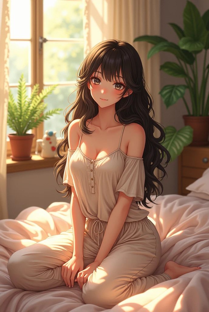 (photorealism:1.2), beautiful anime woman, sitting on bed, wearing loose off-shoulder top, pajama pants, long curly hair, indoors, soft lighting, plants in background, window with sunlight, cozy room, relaxed pose, realistic, intricate details, warm colors, by Greg Rutkowski, by Alphonse Mucha