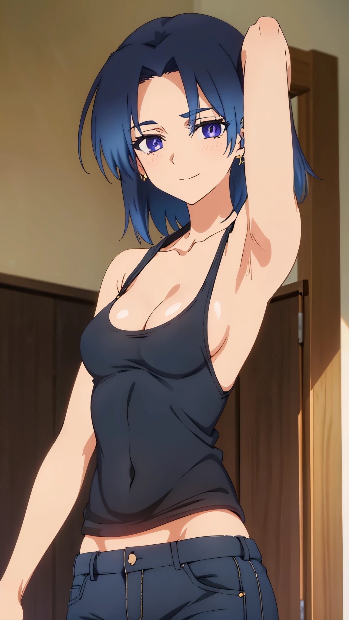 tall girl, 1girl, anime artstyle, masterpiece, highres, solo, 8k, detailed, perfect face, best quality, (ultra high quality), looking viewers, (armpit), collarbone, bare arm, (small breasts), sideboobs, cleavage, dark blue hair, gradation hair color middle parted hair, short hair, violet eyes, sharp eyes, belly, stomach, navel, abs, earrings, crop tanktop, (black tanktop), mini short, denim short, thighs, slim body, slim waist, (upper body), smile, blush