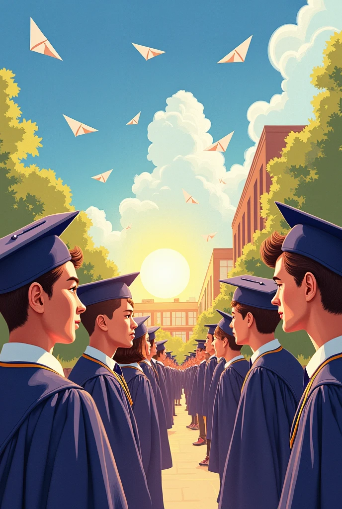 Drawing of our junior to graduating students,The title is "We in Those Years" and the subtitle is "Graduation Yearbook",Plus paper airplanes and more sunshine plus school