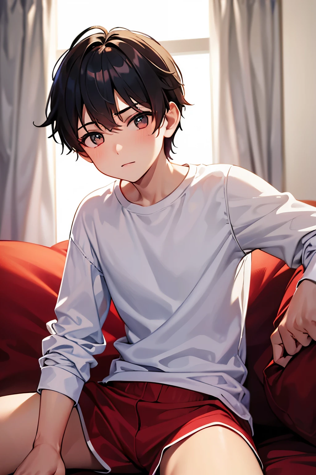 a boy sitting in a bedroom, wearing a white long sleeve shirt and red underwear, viewed from the side,
