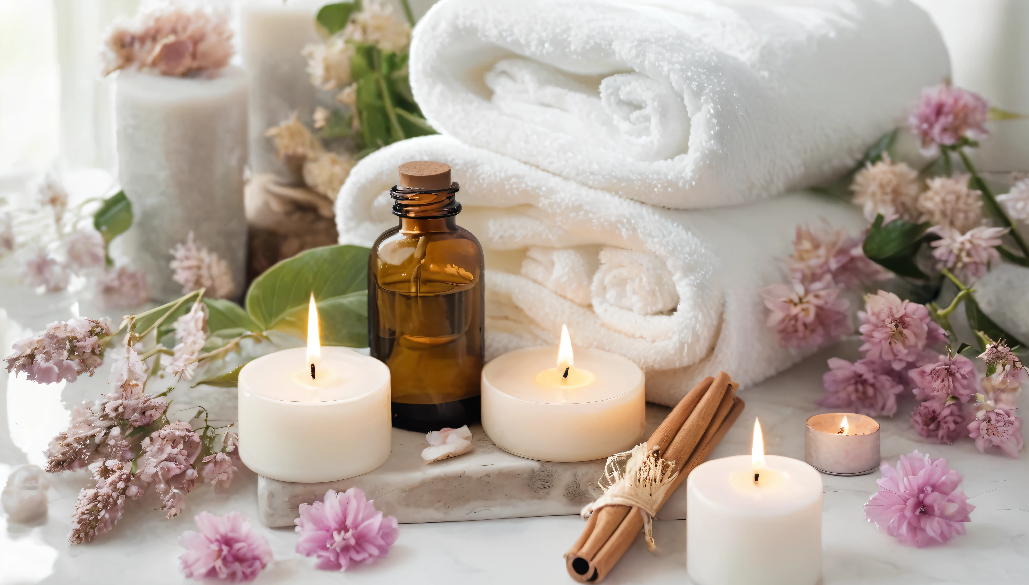 towel, Candles, and flowers are on a table with towel, spa, relax, Romantic atmosphere, Soft glow, Photo Stills, relax mood, Paradise Garden Massage, appease, Beautiful shots, relax atmosphere, Morning Glow, Beautifully illuminated, Beasts, very relax, Softly lit, Candy Treatment, Perfect detail, Calm feeling, relax environment