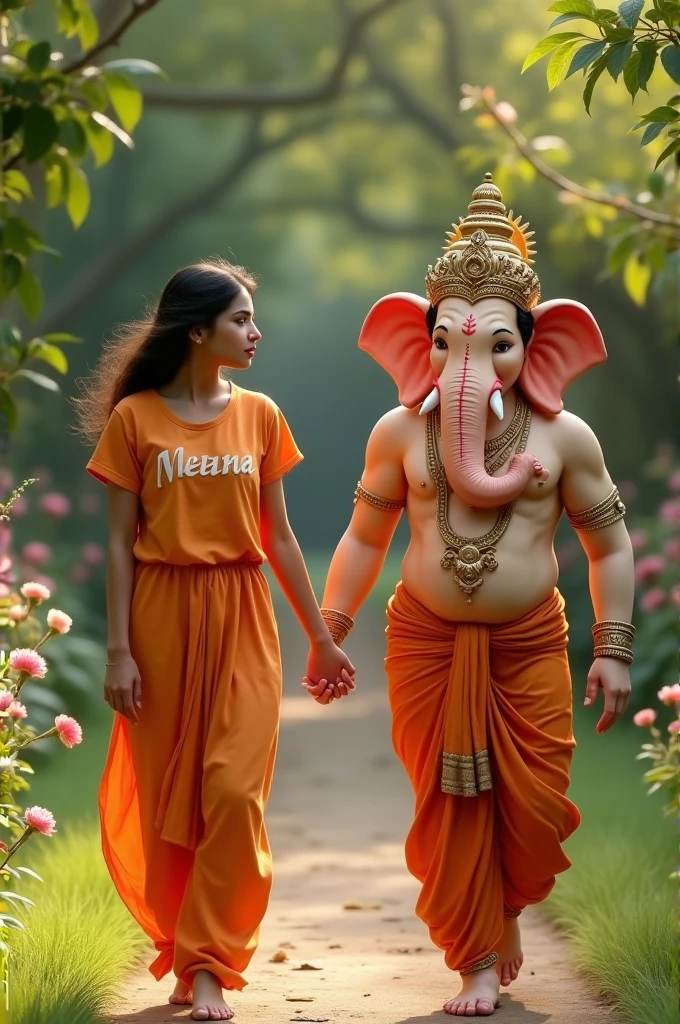 20 year old girl walking and holding hand with Lord Ganesha, girl is bare feet wearing saffron T-shirt with name" Neha written boldly, environment is gorgeous, background is garden, both are in focus, ultra clear, hyper detailed Image, Ganesh ji and girl looking ahead and both are of same height