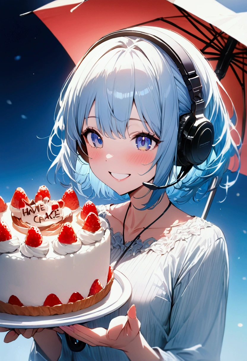 Light blue hair color,woman,umbrella,Have a cake, Cinema Lighting, (masterpiece:1.2), 最high quality, high quality, High resolution, (Super detailed), Detailed Background, One person,headphone,smile,Light background,blue sky,Have fun and laugh,
