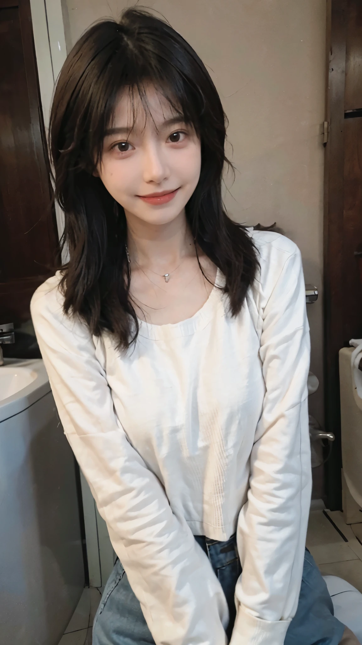 best qualtiy, Ultra-high resolution, (realisticlying:1.4),cute hairpin,Baoyu Girl,1girll,Cropped red sweater ,Beautiful woman with a slim figure:1.4, abs:1.1, (A brown-haired, mideum breasts:1.3), bathroom,Ultra-fine face,Elaborate Eyes,double eyelid,ssmile,choker necklace
