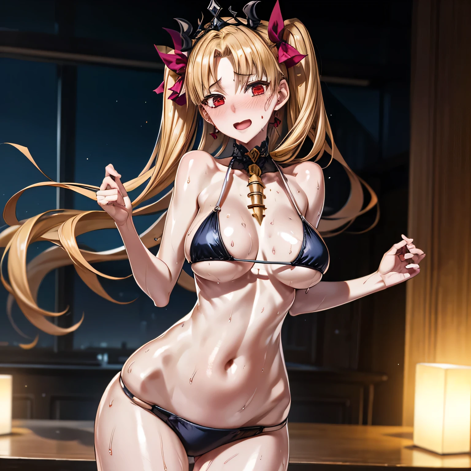 best quality,ultra-detailed,high resolution,extremely detailed CG,perfect anatomy,detailed,cinematic lighting,beautiful detailed eyes,ultra high res,(1girl:1.5),(1:1.4),gleaming skin,oil skin,skindantation,sweat,humid,clothed,(sweat:1.2),nose blush,cowboy shot,Glowing Skin,Beautiful Hair,looking at viewer,ereshkigal, ereshkigal \(fate\), long hair, blonde hair, very long hair, two side up, tiara, (red eyes:1.3), ribbon, hair ribbon, red ribbon, (parted bangs:1.5),(random swimsuit:1.1),large breasts,belly button,half open mouth,seductive smile