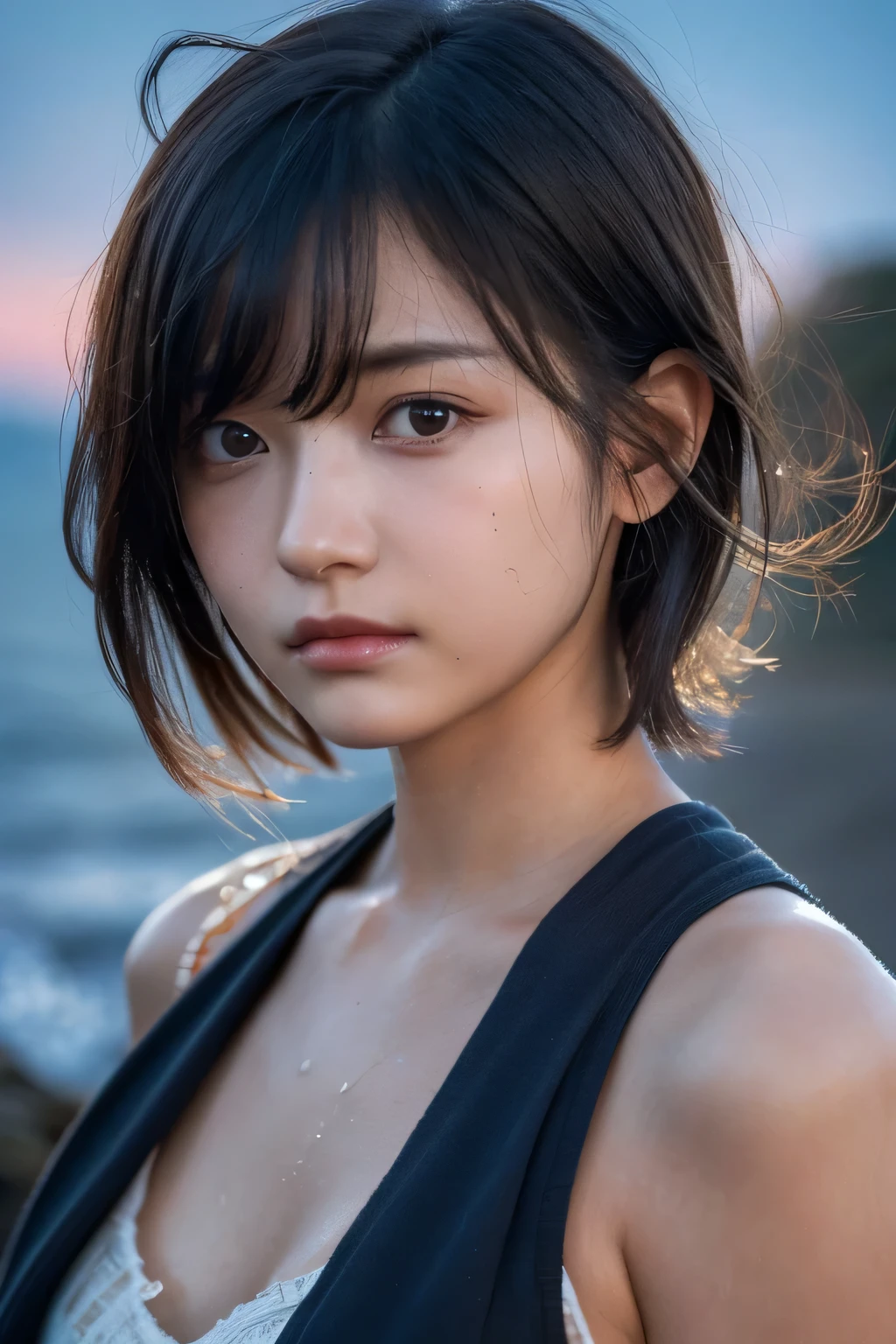 Hair blowing in the wind、Wet Skin、Wet Hair、Wet clothes、Coast at dusk,A cute girl with a face like a Japanese idol, 、((Baby Face))、Short Hair, Skinny body、athlete、(Cinema Lighting),(Natural light),(High level of artistry),(artistic),(Indistinguishable quality from the real thing),{{RAW Photos}},{{Genuine}},High resolution,masterpiece, beautiful, Handsome Tomboy, Looks like a salon model, Cool face,  nsfw,、A faint smile、Puzzled、shame、sleepy、(Spoiled:1.4), Cowboy Shot、Bold and sexy model pose、