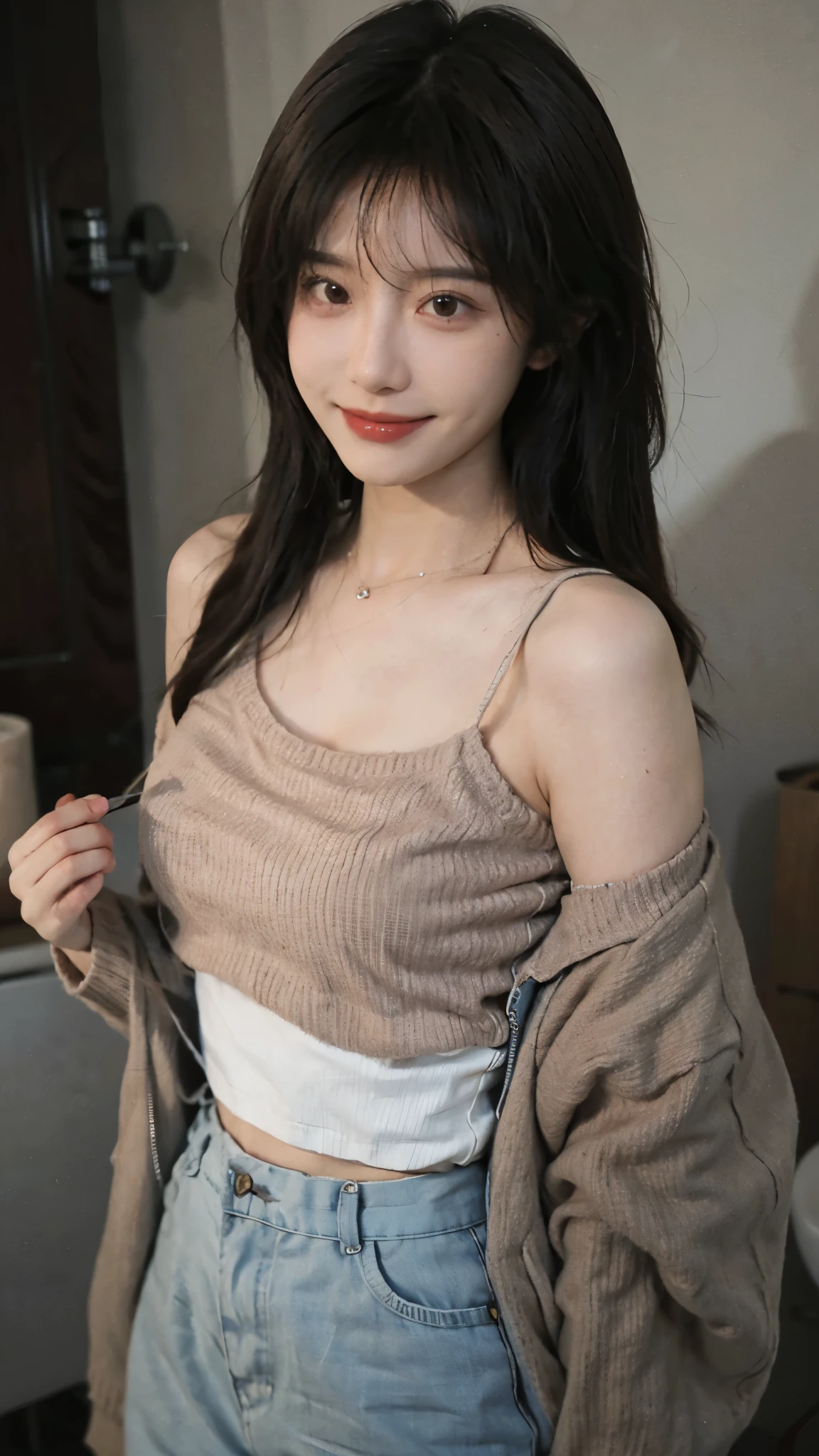 best qualtiy, Ultra-high resolution, (realisticlying:1.4),cute hairpin,Baoyu Girl,1girll,Cropped red sweater ,Beautiful woman with a slim figure:1.4, abs:1.1, (A brown-haired, mideum breasts:1.3), bathroom,Ultra-fine face,Elaborate Eyes,double eyelid,ssmile,choker necklace