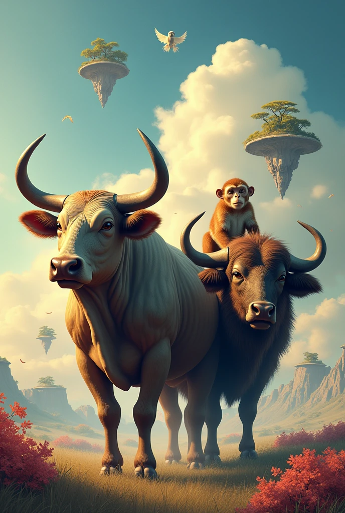  create an image with an ox, buffalo, and monkey together. 🐂🐃  🦍 
Only these three animals ox buffalo and Gorilla 