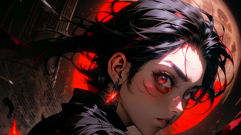 red full moon in the night sky、One Man、Black Hair、Short Hair、Black wings on the back、Red glowing eyes、Gothic Fashion