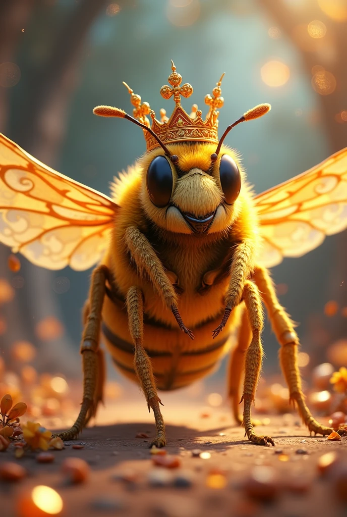 Bee with crown that facing front and spread wings full wings animated 3D