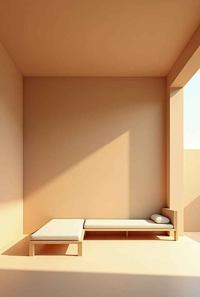 1 empty room 64m2, Start painting the room beige , legless bed , put against the wall on the right side
