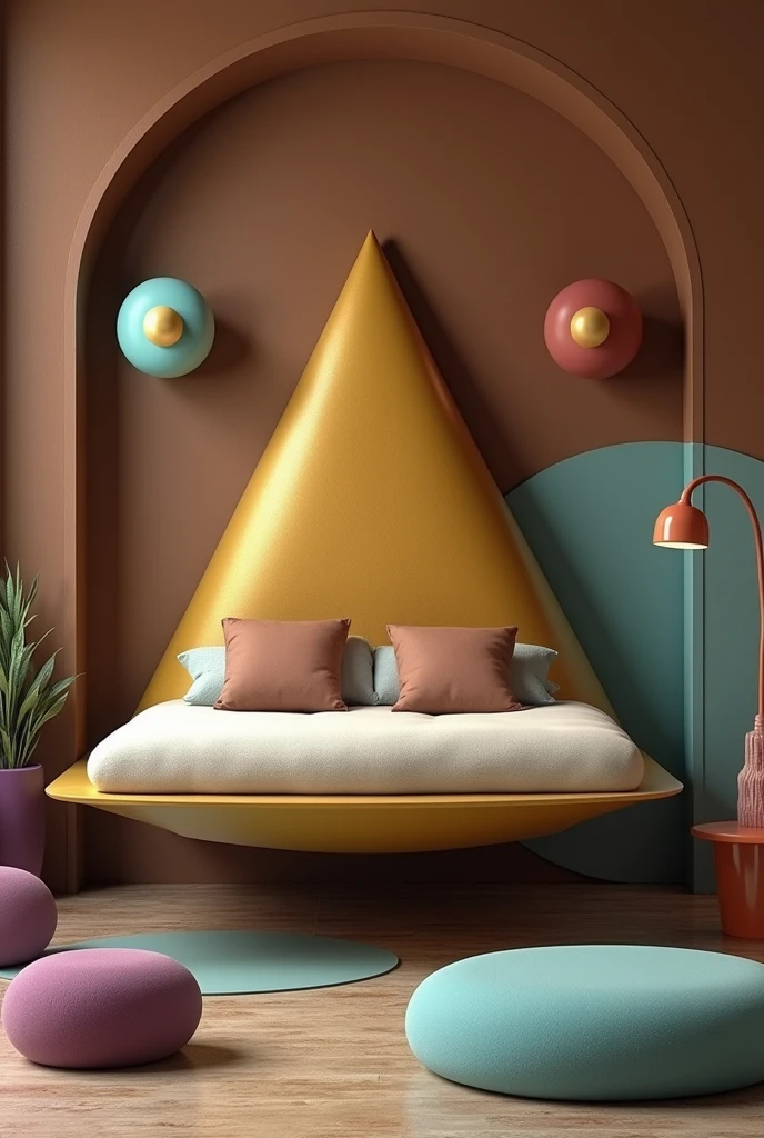 Moldy Brown wall, one red circle, two oval purple cilinder, two ice blue square. One triangle floating gold bed, two cocoa Brown pillows. One triangle Iron coffee table. One large red Brown two circle wall lamp.