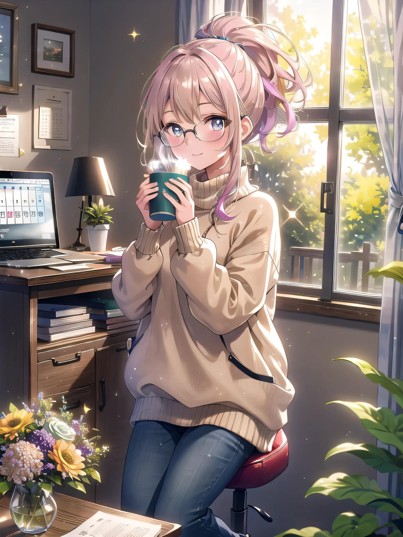 ((8k, Highest quality, masterpiece: 1.3)),Ultra-high resolution,(1 girl, alone), (Color changing eyes, Ultra-detailed, Expressive brilliance, Glitter, Glowing Eyes), Highly detailed eyes, Highly detailed face, Random Hair, ((pastel colour))The woman is working at her desk in a small but well-organized home office. The room has white walls, a wooden desk, and a comfortable office chair. A window to her right provides a view of the backyard, where trees and flowers are visible. Her desk is decorated with a laptop, a stack of books, a desk lamp, and a cup of herbal tea. There’s also a corkboard on the wall with pinned notes, reminders, and a small calendar. She’s dressed in a comfortable beige sweater, dark skinny jeans, and cozy socks. Her hair is loosely tied in a ponytail, and she’s wearing glasses. She glances at the camera with a calm and slightly tired smile, capturing a quiet moment of focus in her home workspace.