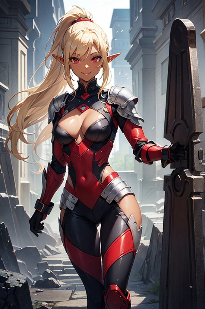 Beautiful images,Detailed Images,Official image,(Background of the base),One Woman,Blonde,Red Eyes,Ponytail Hair,Model body type,(Dark Skin:1.3),Elf Ears,Large Breasts,(Bioarmor:1.3),Smile small,