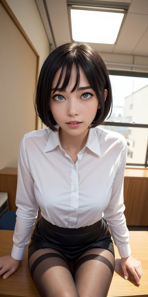 (RAW, best quality, masterpiece:1.5), (photo realistic, intricate details:1.2), ultra highres, absurdres,
1girl, beautiful face, blue eyes, green eyes, detalied eyes, symmetric eyes, light on face, nose blush, short hair, black hair tie, 
clk, vest, suit, pencil miniskirt, (unbuttoned white shirt:1.2), loose silk scarf, black pantyhose, [:20d, :0.8],
smile, small dimples, sexually suggestive, head back, ahegao, rolling eyes, breastapart, open legs, legs spread open
medium breasts, slim waist, slim legs, long legs,
sitting on chair in front of desk, perfect body, good proportions,
looking at viewer, 
(office, indoor, hyper detailed background:1.2), japan, copy machine, file cabinet, computer, monitor,
shiny skin, real skin texture, 
natural lighting, best lighting, detailed background, detailed shadow, sharp focus, depth of field f/2,
saturated, high contrast, strong light and shadow