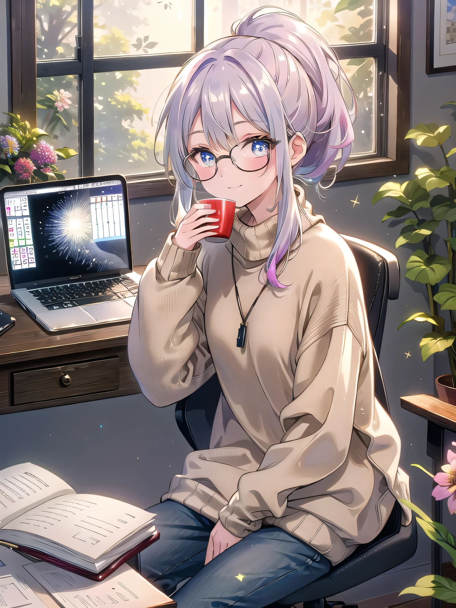 ((8k, Highest quality, masterpiece: 1.3)),Ultra-high resolution,(1 girl, alone), (Color changing eyes, Ultra-detailed, Expressive brilliance, Glitter, Glowing Eyes), Highly detailed eyes, Highly detailed face, Random Hair, ((pastel colour))The woman is working at her desk in a small but well-organized home office. The room has white walls, a wooden desk, and a comfortable office chair. A window to her right provides a view of the backyard, where trees and flowers are visible. Her desk is decorated with a laptop, a stack of books, a desk lamp, and a cup of herbal tea. There’s also a corkboard on the wall with pinned notes, reminders, and a small calendar. She’s dressed in a comfortable beige sweater, dark skinny jeans, and cozy socks. Her hair is loosely tied in a ponytail, and she’s wearing glasses. She glances at the camera with a calm and slightly tired smile, capturing a quiet moment of focus in her home workspace.