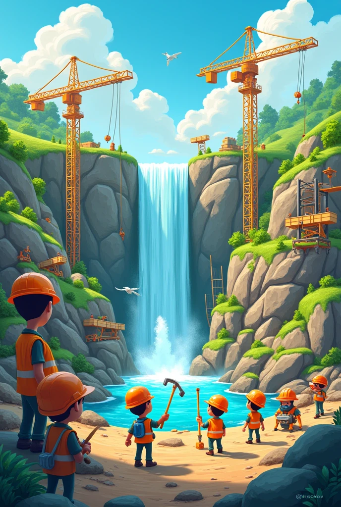 Cartoon building a hydroelectric power plant 