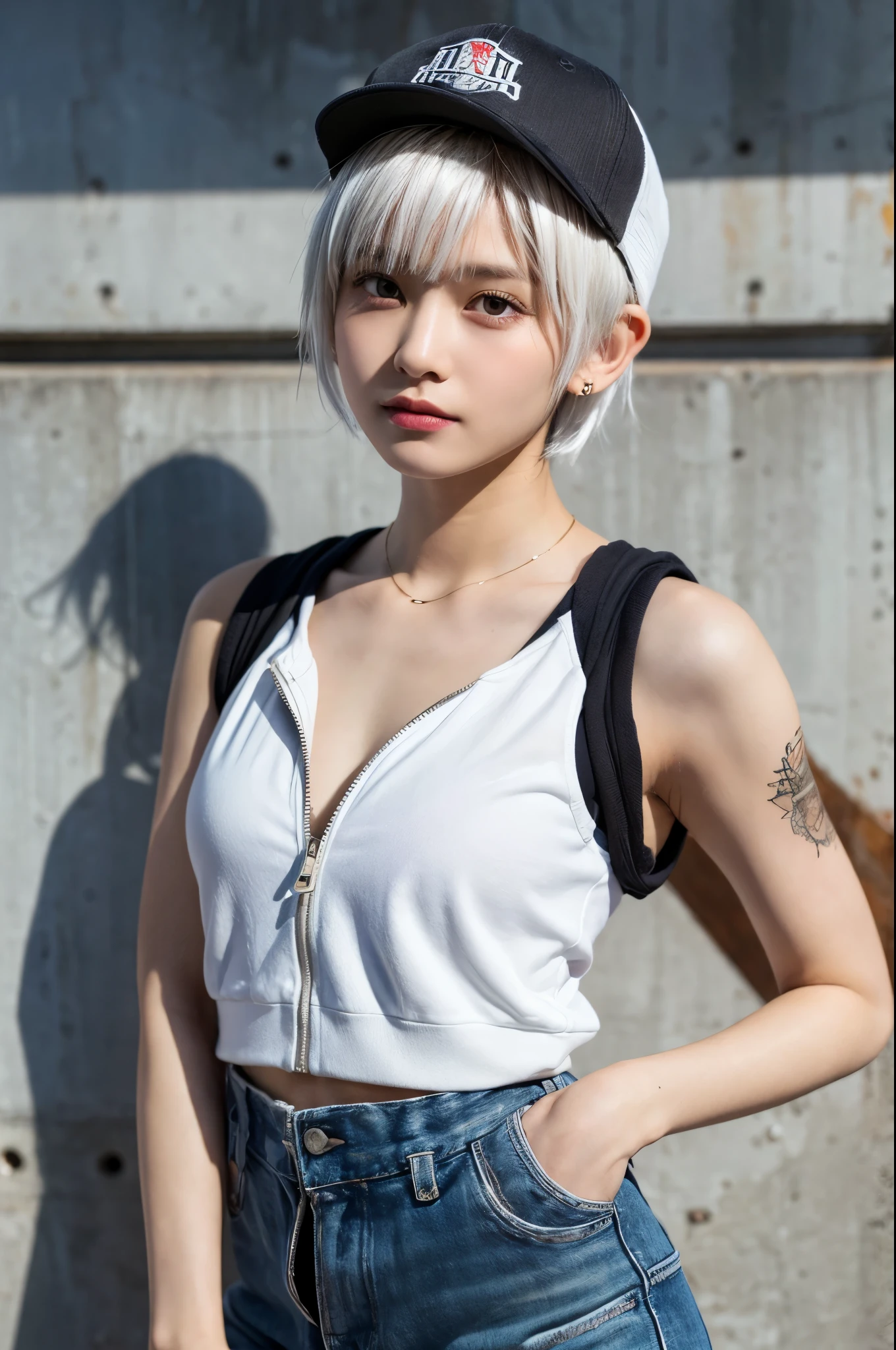masterpiece, Highest quality, Very detailed, 8k, Realistic, One Girl, alone, Tomboy, Very detailed face, (head shot:1.5), Standing in front of a wall covered in hip hop graffiti, Pixie cut white hair, He is wearing a short tank top and an open-zipped hoodie....,I can see your chest,Nice ass,Wear a New Era cap