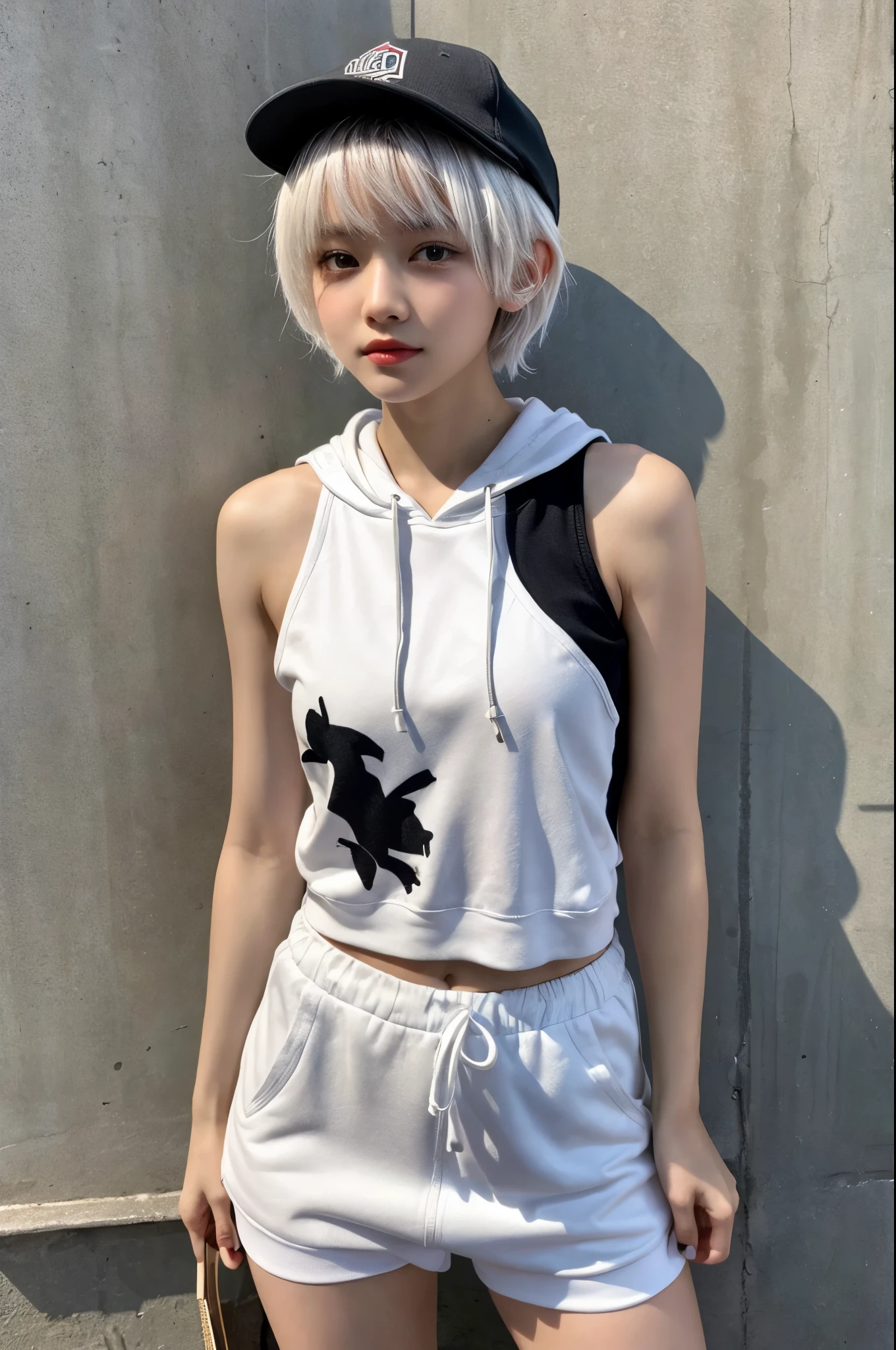 masterpiece, Highest quality, Very detailed, 8k, Realistic, One Girl, alone, Tomboy, Very detailed face, (head shot:1.5), Standing in front of a wall covered in hip hop graffiti, Pixie cut white hair, He is wearing a short tank top and an open-zipped hoodie....,I can see your chest,Nice ass,Wear a New Era cap