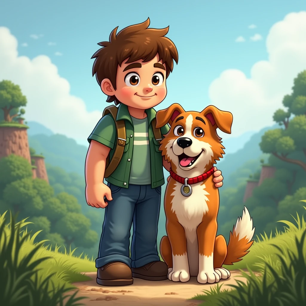 2D cartoon design of Steve and his dog with real shape and human body and no cube in minecraft 