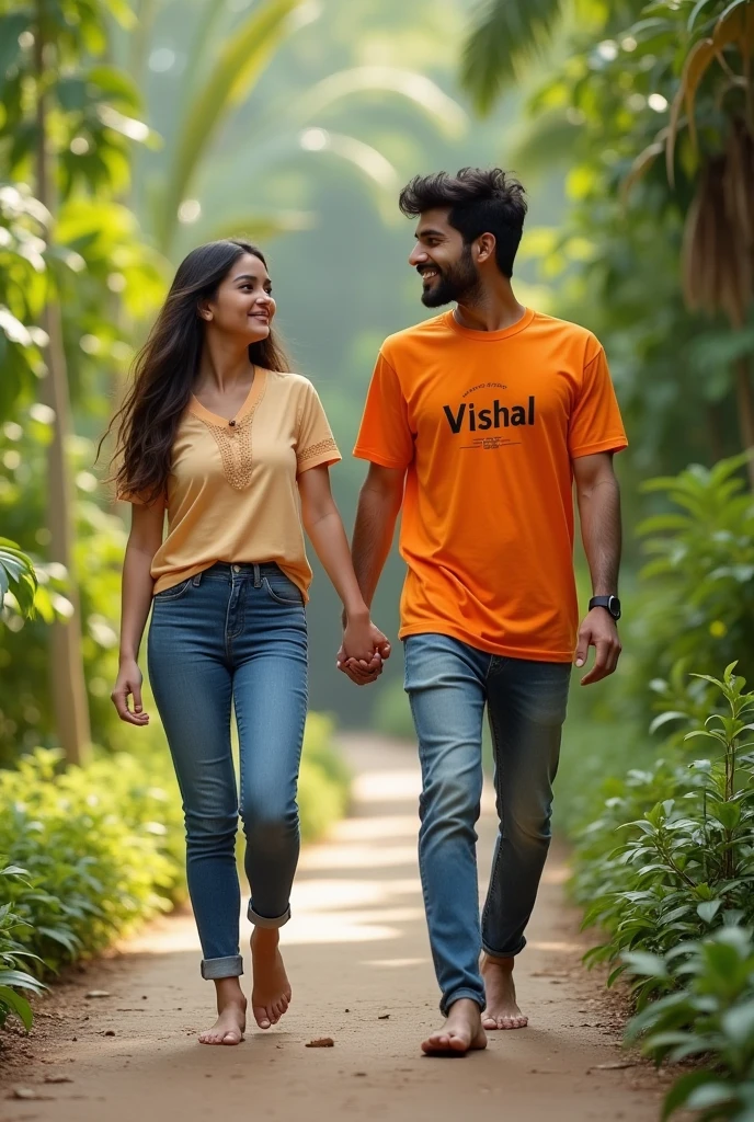 20 year old girl walking and holding hand with Kishan , boy is bare feet wearing saffron T-shirt with name" vishal written boldly, environment is gorgeous, background is garden, both are in focus, ultra clear, hyper detailed Image, Ganesh ji and girl looking ahead and both are of same height