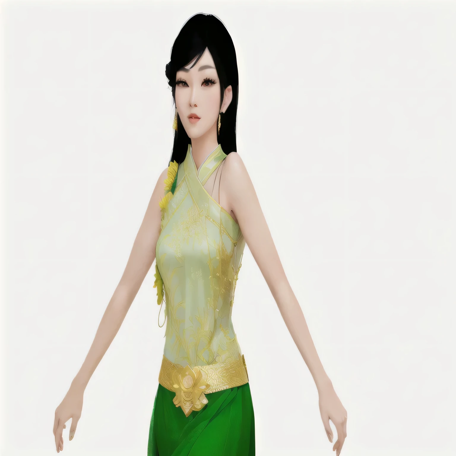 arafed woman in a green dress with a yellow belt, anime thai girl, portrait of modern darna, inspired by reyna rochin, inspired by Yang Borun, modeled in poser, digital art of an elegant, sukhothai costume, upper body avatar, inspired by Sim Sa-jeong, inspired by Lan Ying, wearing elaborate green and gold