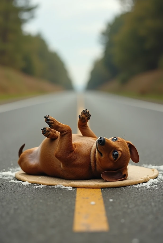 In the middle of the road、Lying on your back is no good々A brown miniature dachshund kneading dough。