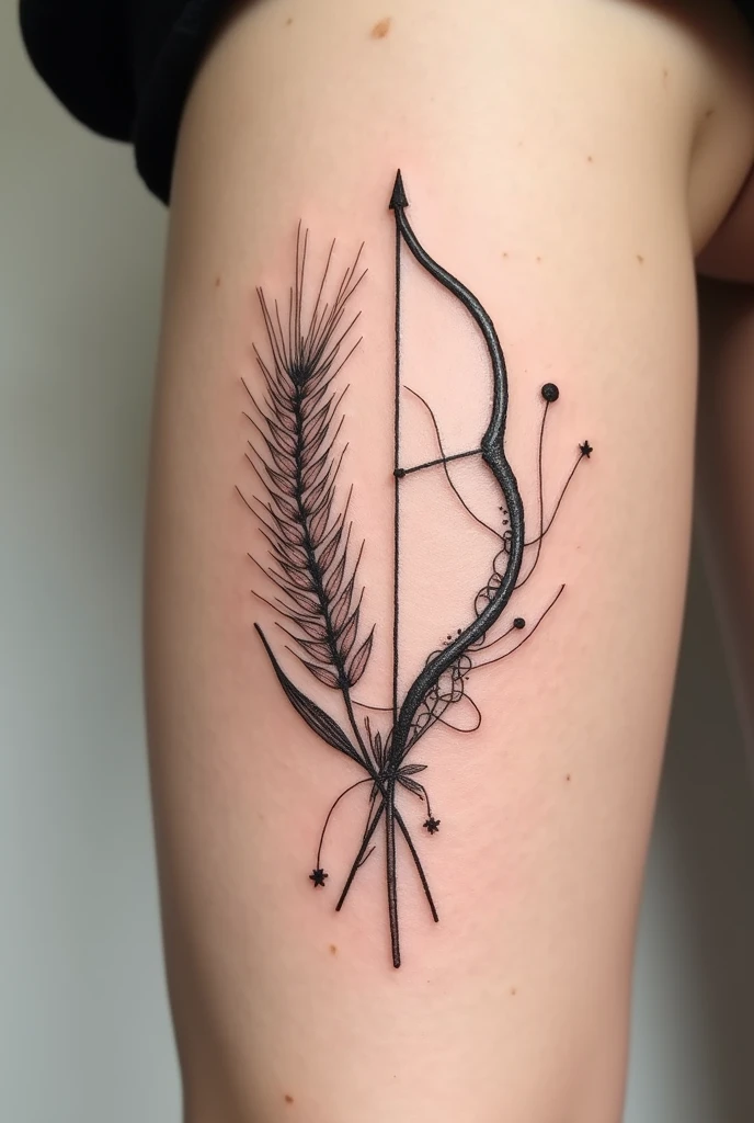 Small tattoo with the bow and arrow of Sagittarius where there are strands of wheat as well as the constellation of Scorpio