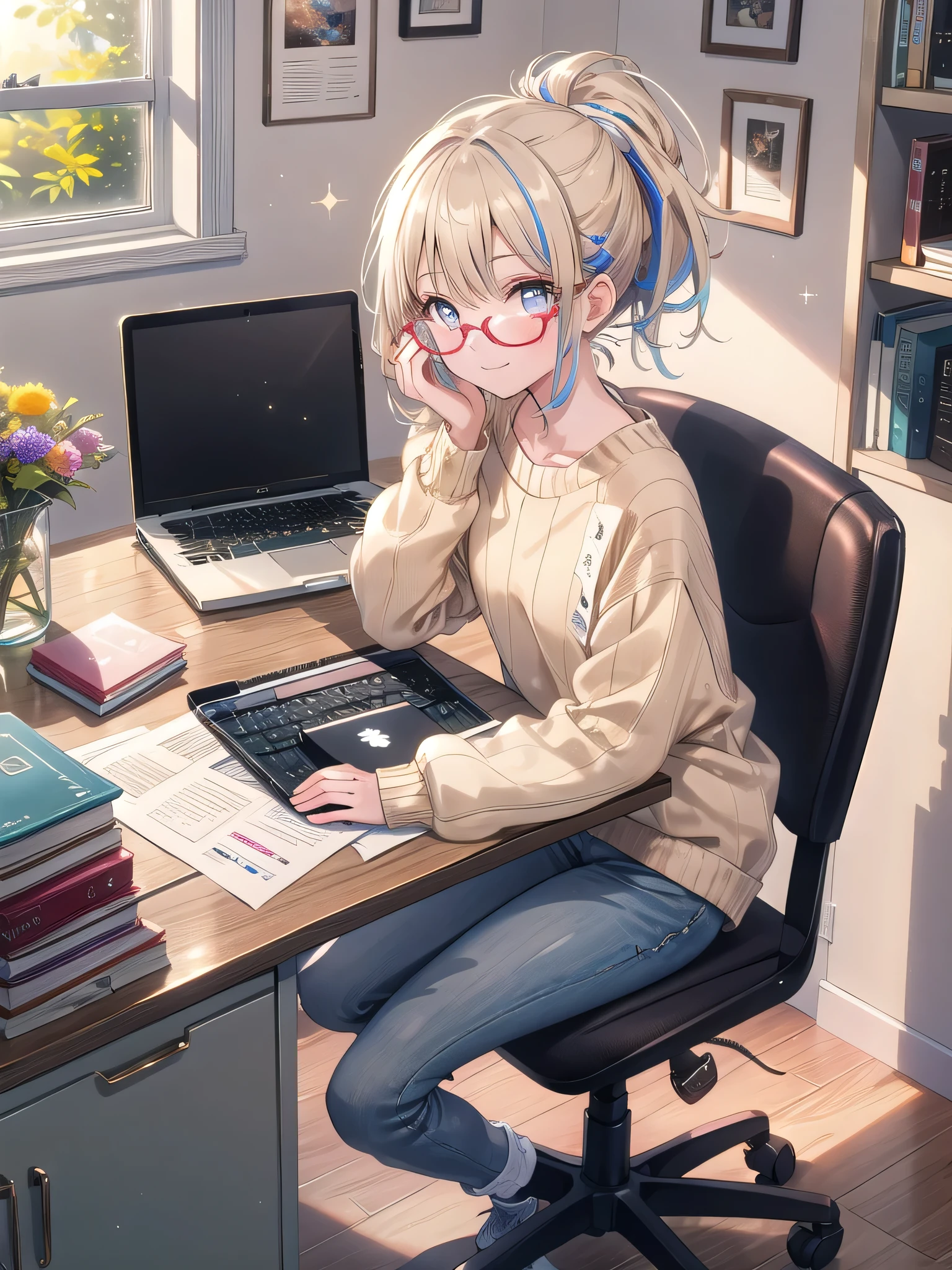 ((8k, Highest quality, masterpiece: 1.3)),Ultra-high resolution,(1 girl, alone), (Color changing eyes, Ultra-detailed, Expressive brilliance, Glitter, Glowing Eyes), Highly detailed eyes, Highly detailed face, Random Hair, ((pastel colour))The woman is working at her desk in a small but well-organized home office. The room has white walls, a wooden desk, and a comfortable office chair. A window to her right provides a view of the backyard, where trees and flowers are visible. Her desk is decorated with a laptop, a stack of books, a desk lamp, and a cup of herbal tea. There’s also a corkboard on the wall with pinned notes, reminders, and a small calendar. She’s dressed in a comfortable beige sweater, dark skinny jeans, and cozy socks. Her hair is loosely tied in a ponytail, and she’s wearing glasses. She glances at the camera with a calm and slightly tired smile, capturing a quiet moment of focus in her home workspace.