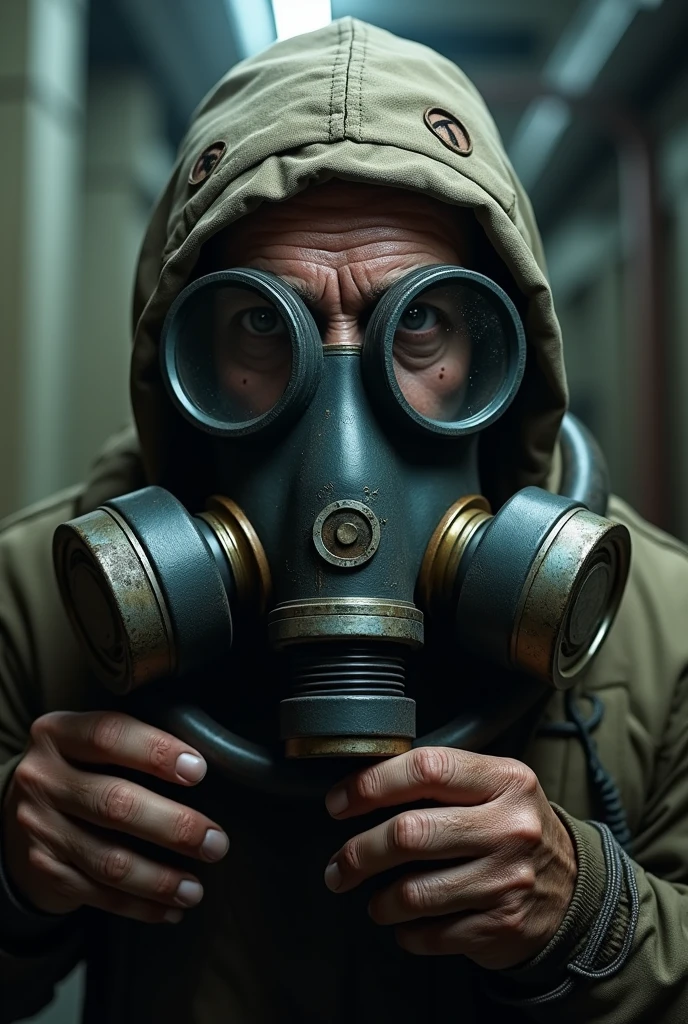 A man in a confined space using a cylinder-type air-supply respirator