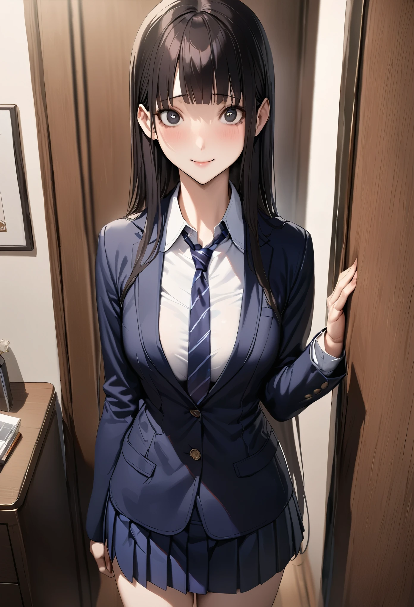 ((masterpiece,best quality anime,Highest quality:1.3)),realistic,cowboy shot,1woman,(30 year old beauty),((very small head:1.4)),((very long body:1.4)),straight long hair,black hair,(gorgeous big eyes),black eyes,shy,smile,((slender body:1.4,skinny:1.3)),medium breasts,(School uniform、Dark blue blazer jacket、Navy blue tie、White shirt),((Navy blue pleated mini skirt)),barefoot、gleaming skin,shiny skin,standing,Simple bedroom、Tokyo、