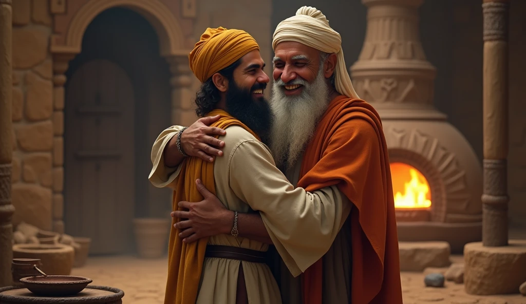 Here’s the prompt for this scene:

"A detailed scene set in ancient times, showing the old religious man wearing a turban standing near the tandoor, his face filled with joy and pride. He warmly embraces the young man, holding him close to his chest in a heartfelt hug. The tandoor's warm glow illuminates their faces, highlighting the deep bond between them. The setting is rustic, with the stone walls and simple surroundings adding to the emotional and uplifting moment as the elder man expresses his happiness and approval."