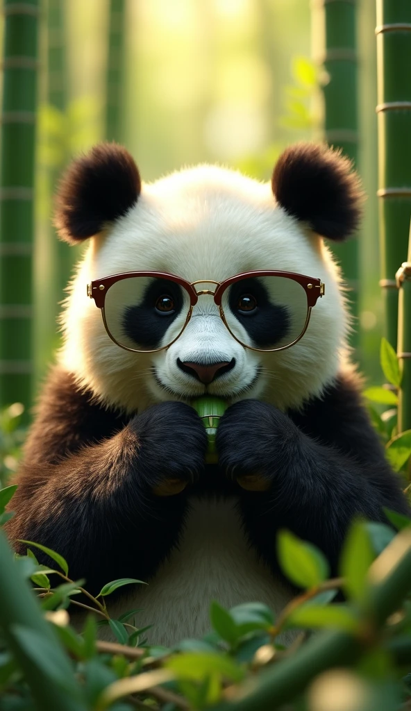 A beautiful panda eating bamboo in the bamboo forest, Delicate panda face, Delicate skin texture, sunglasses,photorealist, (best quality,8K,high resolution,masterpiece:1.2),Extremely detailed,HD,Studio Lighting,Extremely detailed的描述,professional,Bright colors,landscape,green,Natural Lighting