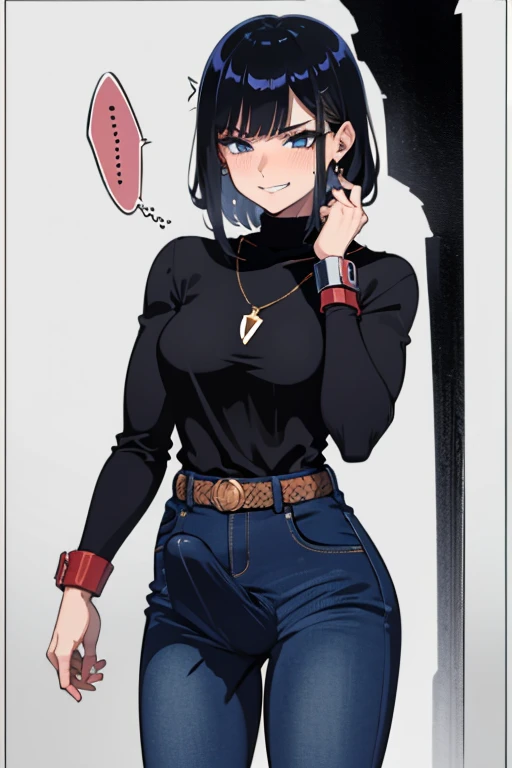 Cloth bulge, crotch bulge, cock bulge, tight jeans, female, futanari, evil, mean, bully, evil smile