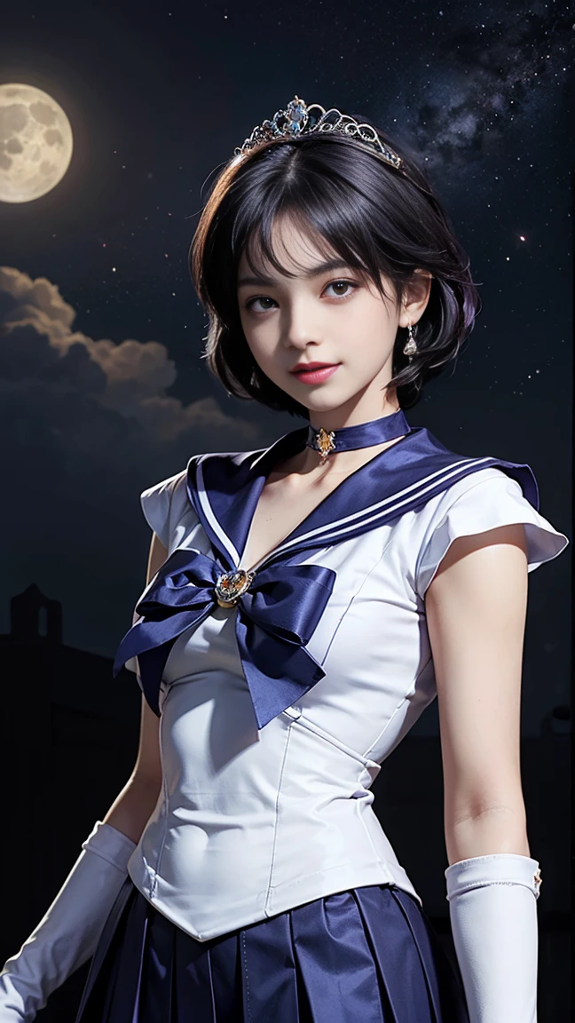 Sailor Mercury,1 person short hair, nude, naked(high quality,8k,Black Hair, Realistic, 最high quality, Purple dyed hair, Purple Hair, lumasterpiece,Very detailed, Confused)1.5,((Summer 1, tiara, , White gloves, Blue sailor collar, )),City of night,White gloves,Purple ribbon,Purple eyes,masterpiece,最high quality,High resolution,Same 1,tiara,,White gloves,Blue sailor collar,,Star Choker,- Elbow hand pockets,Pleated skirt,naked足,Purple ribbon,space,moon,Cowboy Shot,smile,