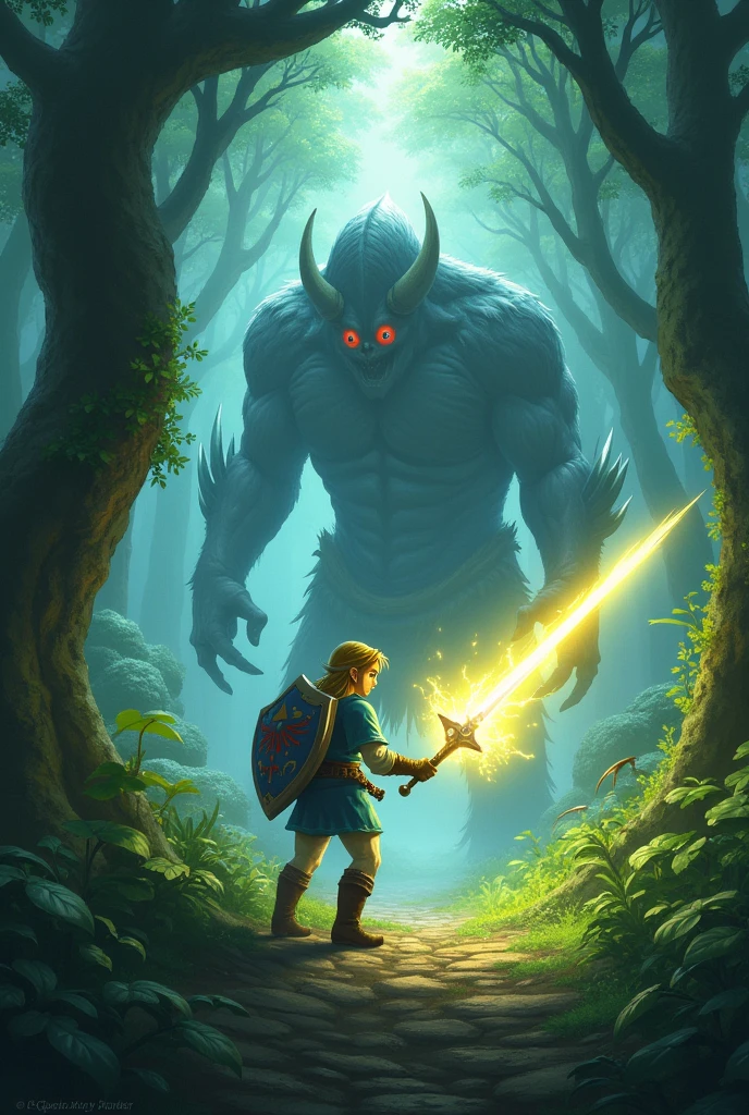 A character as Link from "The Legend of Zelda" is shooting beam from his legendary magical sword to a monster in the lost woods. daylight, but inside the woods is a bit dark because of the large trees covering the sky, the plants inside the woods are glowing purple and green, adding the atmosphere of mystery inside the lost woods. monsters are lurking from behind the bushes trying to find a chance to do an ambush to link
