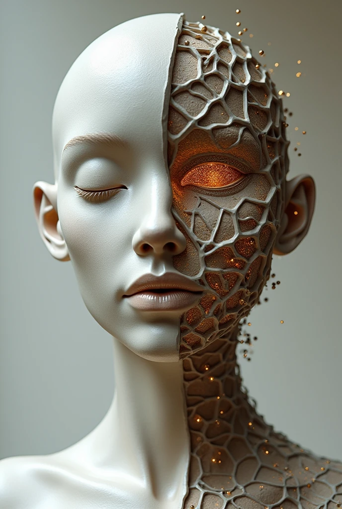 Design a sculptural piece featuring two contrasting faces fused together. The left side of the sculpture has a smooth, minimalist design, with gentle curves and a serene expression. The right side is more complex, with a geometric, lattice-like structure covering the face, giving it a futuristic and abstract appearance. The sculpture’s material should appear like a mix of stone and metallic elements, with a warm, soft light casting subtle shadows to highlight the details. The background is neutral, allowing the sculpture to stand out as the focal point