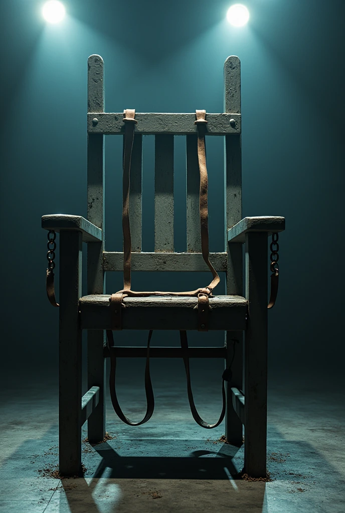 An electric chair with handcuffs and ankles placed on the stage of a live studio