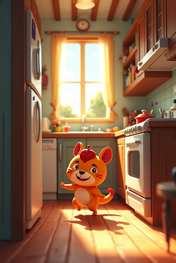 "A mischievous  named Kalu, with a cheeky grin on his face, sneaks into a small, cozy kitchen, looking around carefully."

