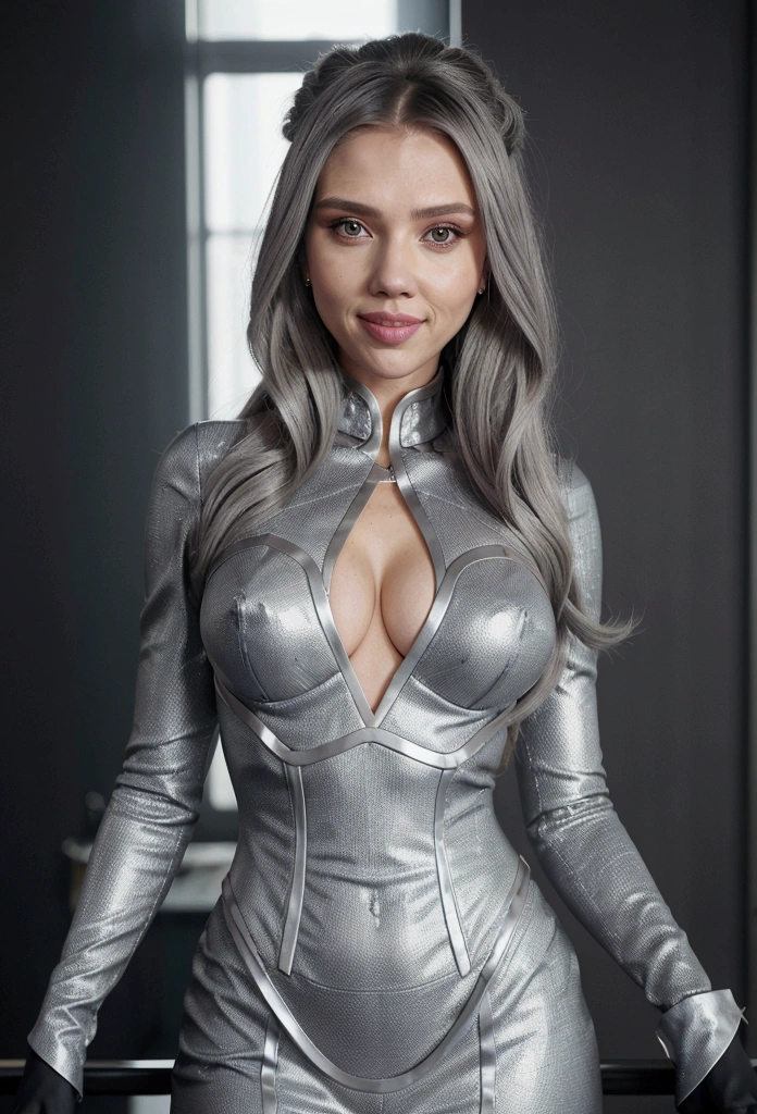 hair bobbles, longeyelashes, ccurate, silver hair, amber eyes, evil smile, seductive smile, Realism, 8k, best quality, anatomically correct,jet privé, business woman, costume, jessica alba, scarlett johansson, perfect tooth