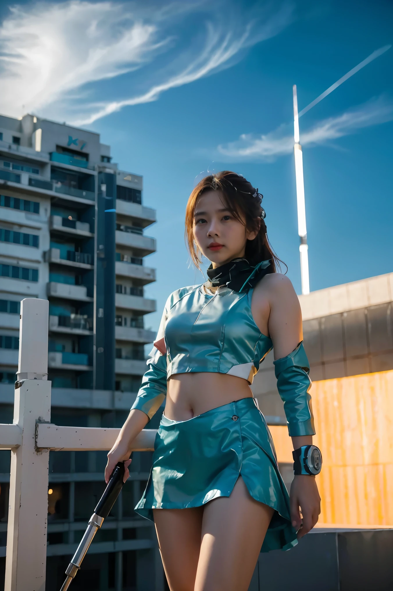 1girl, high definition, sky, cloud, Spear weapons, glow, Cutting-edge robots, building, glow eyes, State-of-the-art machinery, science fiction, city, TRUE, Blue main machine, Core on the chest,Like Poseidon,