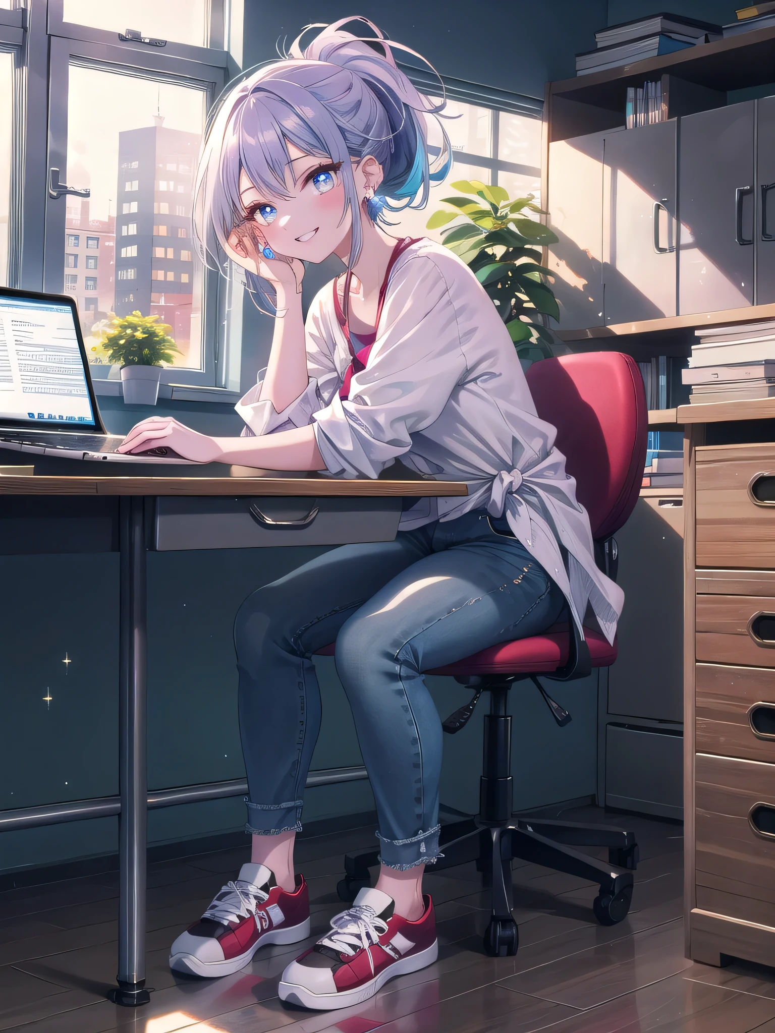 ((8k, Highest quality, masterpiece: 1.3)),Ultra-high resolution,(1 girl, alone), (Color changing eyes, Ultra-detailed, Expressive brilliance, Glitter, Glowing Eyes), Highly detailed eyes, Highly detailed face, Random Hair, ((pastel colour)) The woman is seated at her desk in a modern, open-plan office with large windows overlooking a busy street. The office has an industrial design, with exposed brick walls, metal accents, and contemporary furniture. Her desk is equipped with a laptop, a stack of papers, a phone, and a reusable coffee cup. There’s a whiteboard behind her with project timelines and a few motivational quotes. The office is filled with the sound of soft chatter and the clicking of keyboards. She’s dressed in a white blouse with rolled-up sleeves, paired with dark blue jeans and comfortable sneakers. Her hair is tied back in a casual ponytail, and she’s wearing simple stud earrings. She glances at the camera with a cheerful and slightly mischievous smile, as if she’s just shared a light-hearted moment with a colleague.