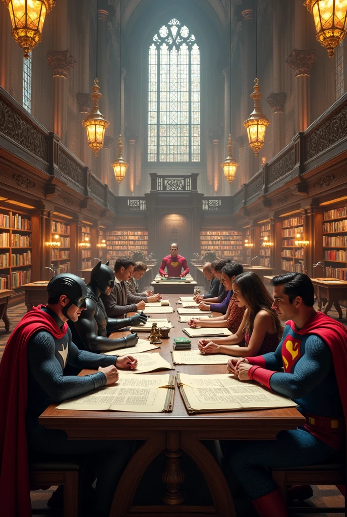 MCU and DCU superheroes studying together in big Library 