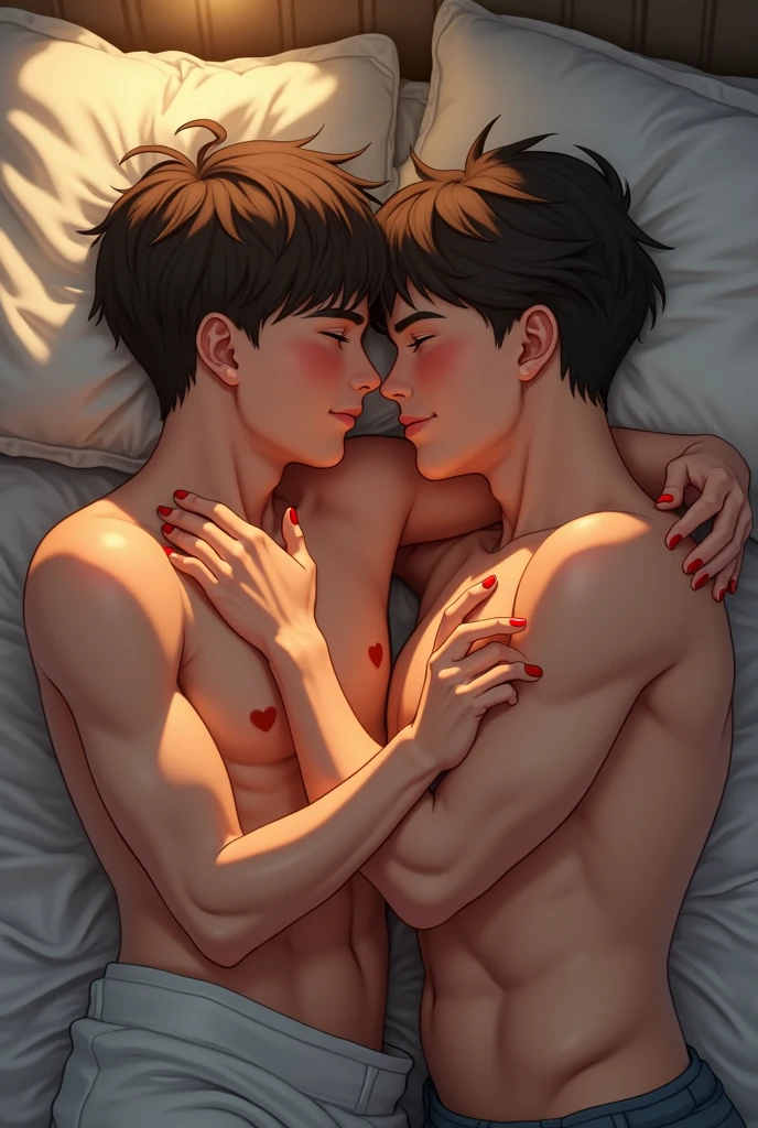 Tow boys kissing there chest bed