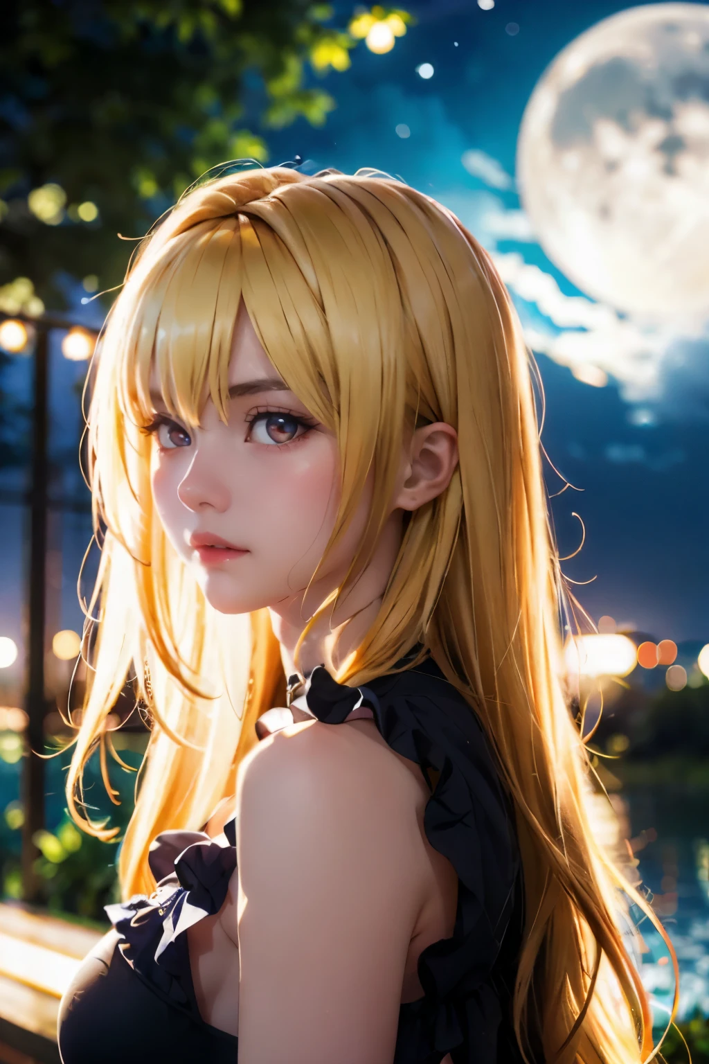 yami , star night, stars , night , outside, moon, full moon, blonde_hair, red eyes