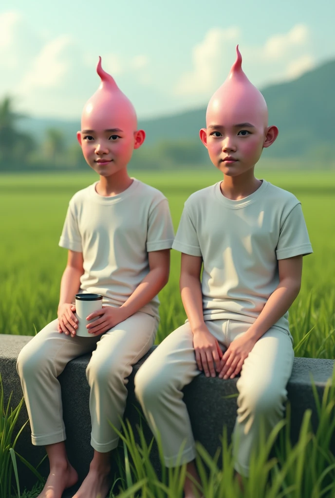 3d realistic 2 Indonesian young man with a pink penis-like head, wearing a white t-shirt, trousers and his penis sticking out of his trousers barefoot, sitting on the edge of a rice field with a thin sweet smiling facial expression while carrying a glass of coffee, background on the edge of rice fields