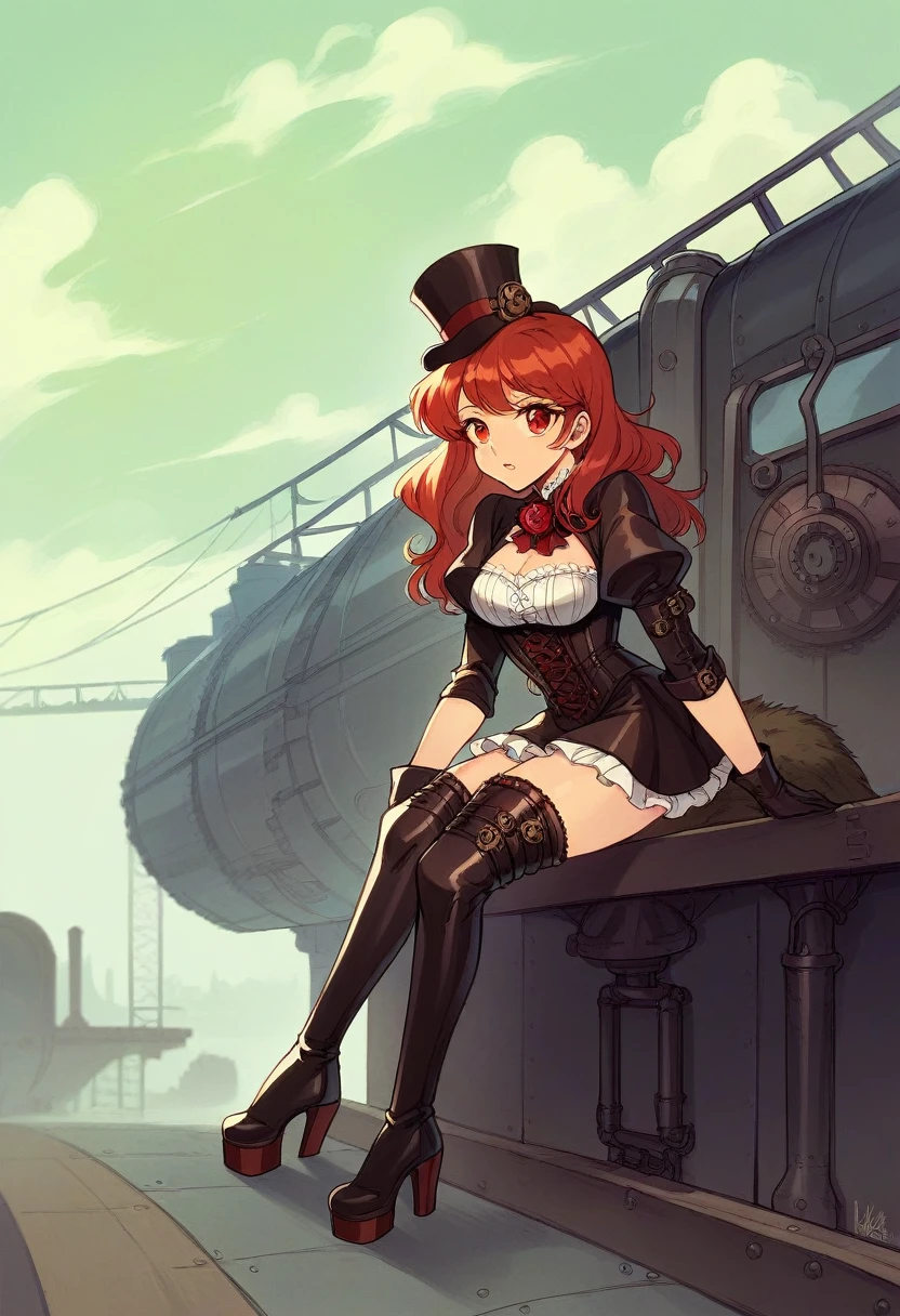 "A steampunk scene at a vintage train station. A woman with vibrant red hair, wearing a steampunk-inspired outfit entirely in petroleum blue leather and latex, including a small top hat with gears, a fitted leather corset, a high-low skirt, and thigh-high leather boots with steampunk details, sits confidently at the platform edge. She also wears black lace stockings. The train station is filled with Victorian-era machinery and gears, with a large steam locomotive in the background. The train is black and red with mechanical details, and the number '73' is clearly displayed on the front of the train. The atmosphere blends elegance and industrial aesthetics, with retro-futuristic elements and vibrant colors."