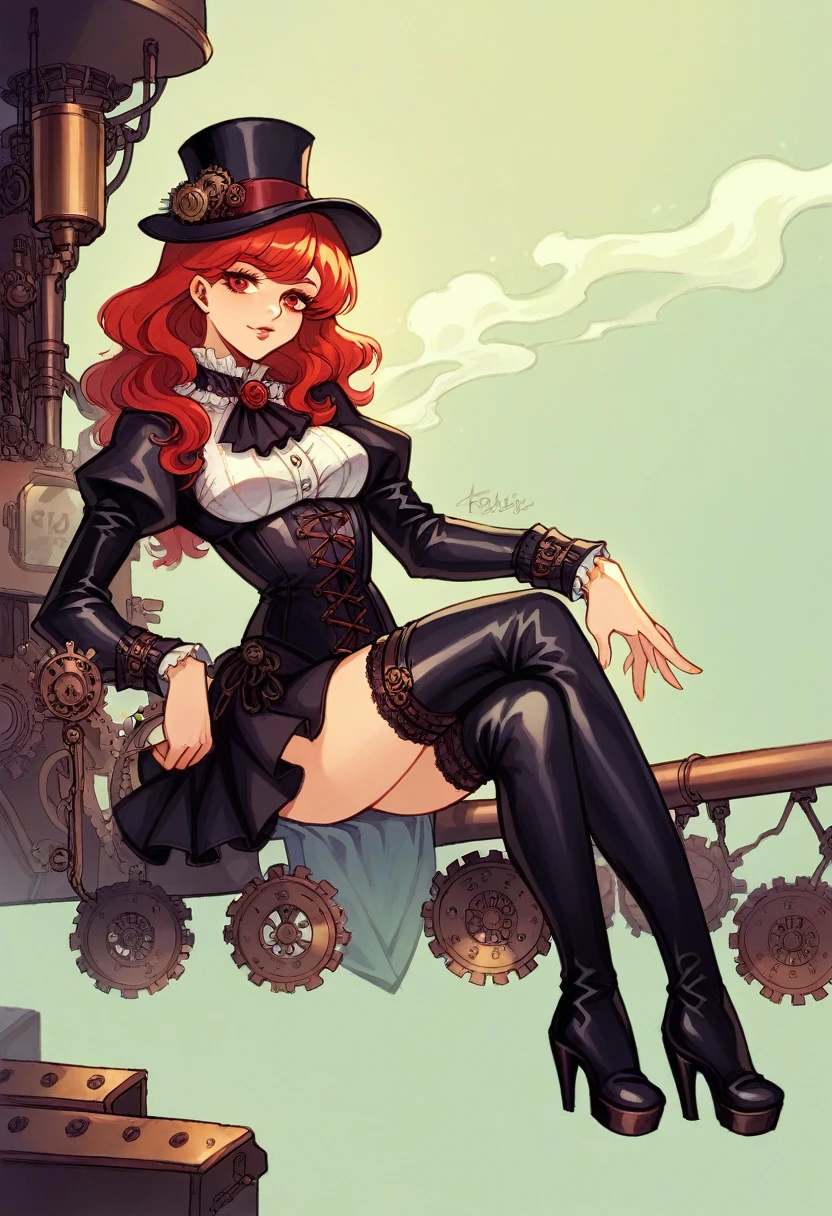 "A steampunk scene at a vintage train station. A woman with vibrant red hair, wearing a steampunk-inspired outfit entirely in petroleum blue leather and latex, including a small top hat with gears, a fitted leather corset, a high-low skirt, and thigh-high leather boots with steampunk details, sits confidently at the platform edge. She also wears black lace stockings. The train station is filled with Victorian-era machinery and gears, with a large steam locomotive in the background. The train is black and red with mechanical details, and the number '73' is clearly displayed on the front of the train. The atmosphere blends elegance and industrial aesthetics, with retro-futuristic elements and vibrant colors."